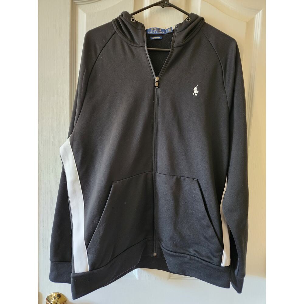 Polo Ralph Lauren Performance Mens Full Zip Hoodie Black White Stripe Large